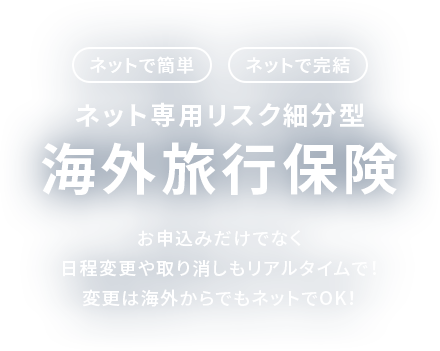 ネットで簡単、ネットで完結。ネット専用リスク細分型海外旅行保険。お申込みだけでなく日程変更や取り消しもリアルタイムで！変更は海外からでもネットでOK！