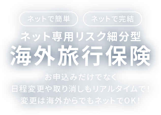 ネットで簡単、ネットで完結。ネット専用リスク細分型海外旅行保険。お申込みだけでなく日程変更や取り消しもリアルタイムで！変更は海外からでもネットでOK！